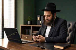 משרד פרסום חרדי - איש עסקים חרדי מחפש בגוגל מהנייד במשרדו