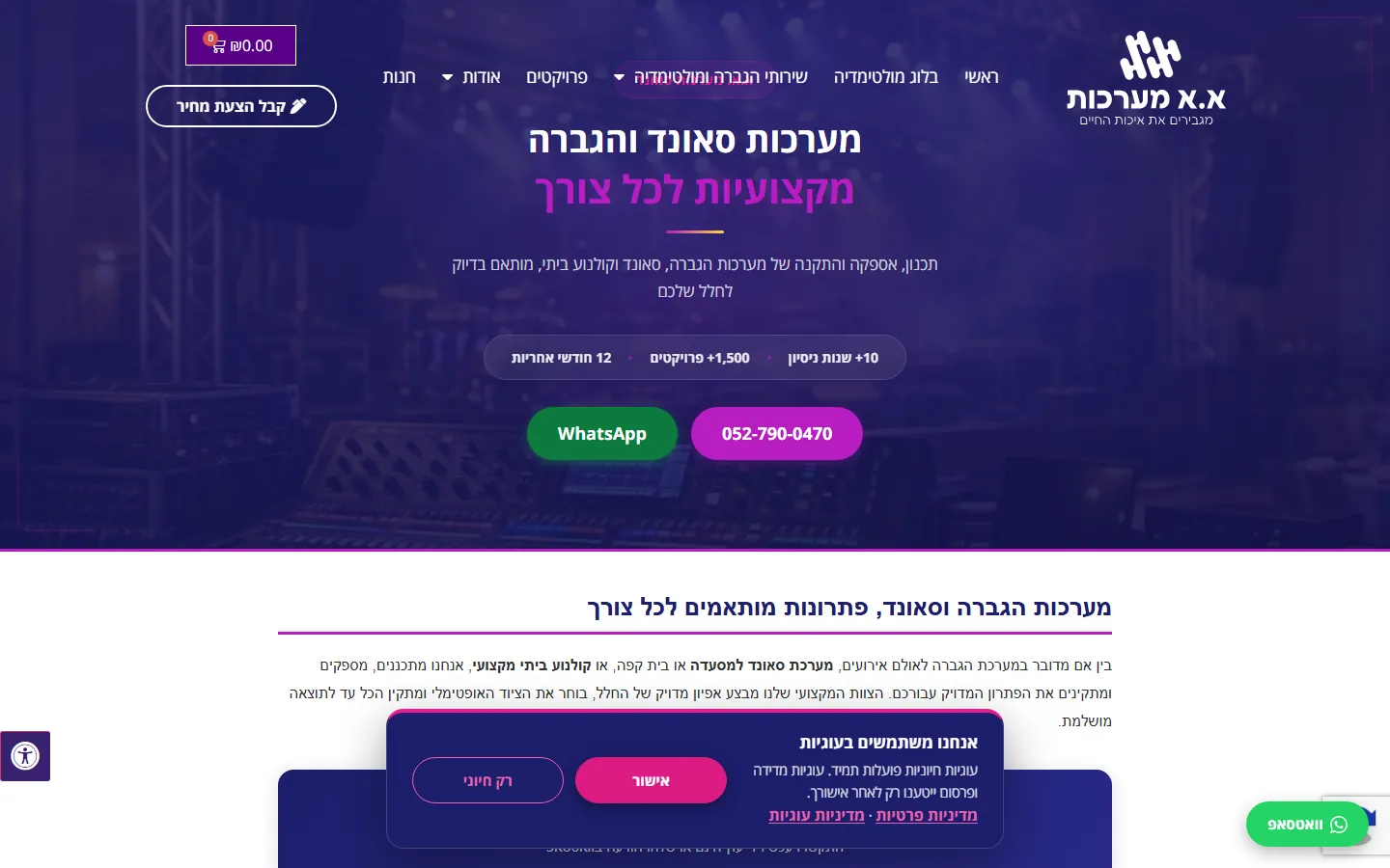 דף נחיתה למערכות סאונד והגברה לעסקים שבנה Avinu SEO