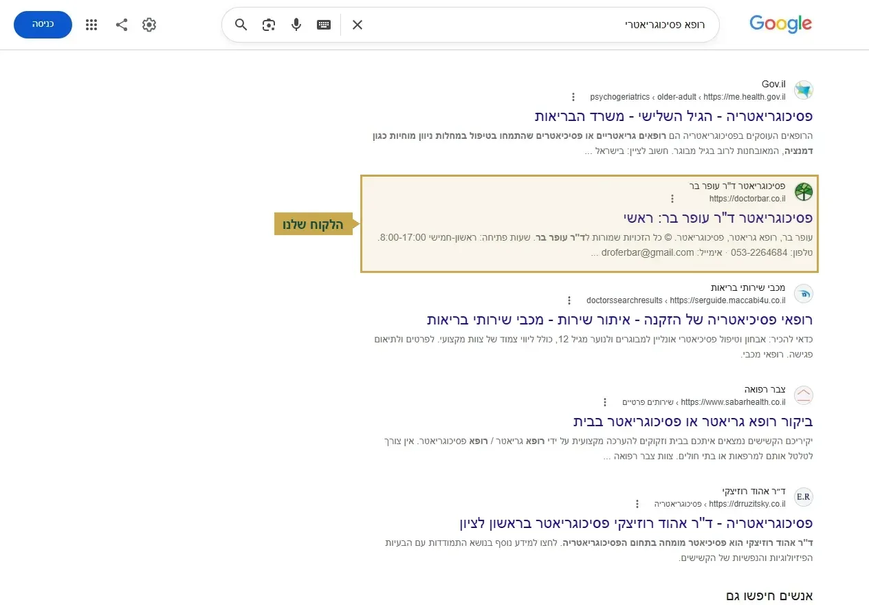 קידום אתר לרופא, תוצאה אורגנית גבוהה על החיפוש רופא פסיכוגריאטרי